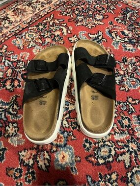 Birkenstock Black Suede Two-Strap Sandals with White Sole